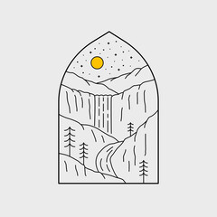 Yellowstone waterfall in mono line art.nature vector.simple line vector - obrazy, fototapety, plakaty
