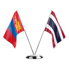 Two table flags isolated on white background 3d illustration, mongolia and thailand