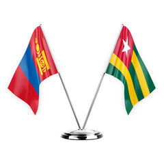 Two table flags isolated on white background 3d illustration, mongolia and togo