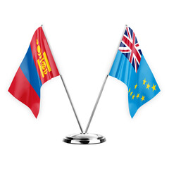 Two table flags isolated on white background 3d illustration, mongolia and tuvalu