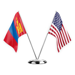 Two table flags isolated on white background 3d illustration, mongolia and usa