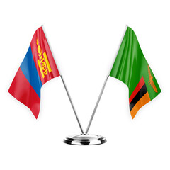 Two table flags isolated on white background 3d illustration, mongolia and zambia