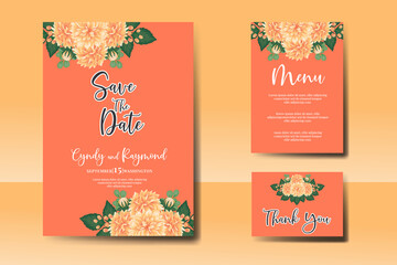 Wedding invitation frame set, floral watercolor Digital hand drawn Orange Dahlia Flower design Invitation Card Template