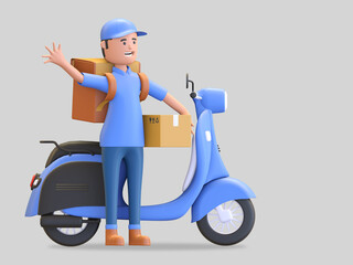 blue uniform courier wearing cap riding scooter carrying bag and deliver package box 3d render illustration - obrazy, fototapety, plakaty