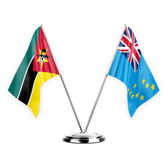 Two table flags isolated on white background 3d illustration, mozambique and tuvalu