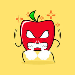 cute red apple character with angry expression. nose blowing smoke, eyes bulging and grinning. green and red. suitable for emoticon, logo, mascot