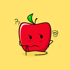 cute red apple character with thinking expression and sit down. green and red. suitable for emoticon, logo, mascot