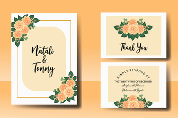 Wedding invitation frame set, floral watercolor Digital hand drawn Orange Dahlia Flower design Invitation Card Template