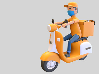 orange uniform courier wearing cap and mask riding scooter 3d render illustration