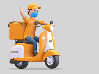 orange uniform courier wearing cap and mask riding scooter waving hand 3d render illustration