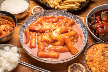 Tteokbokki with spicy sauce Korean traditional food, Tteokbokki is Korean rice cake stick with...