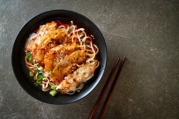 ramen noodles with gyoza or pork dumplings