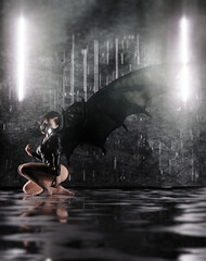 Fototapeta na wymiar demon girl with large bat wings and mask