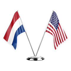 Two table flags isolated on white background 3d illustration, netherlands and usa