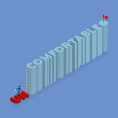 Businessman runs aim to target on text word UNCOMFORTABLE into COMFORTABLE, arrange in alphabet order with ladder for the climb up the obstacle and red flag at the end. The business motivation idea.