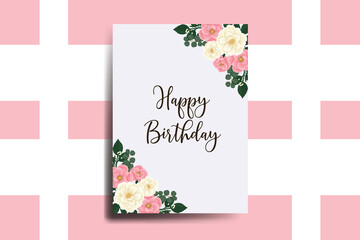 Greeting card birthday card Digital watercolor hand drawn Pink Mini Rose Flower Design Template