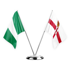 Two table flags isolated on white background 3d illustration, nigeria and ireland