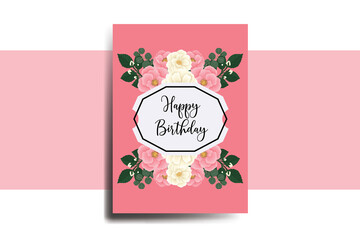 Greeting card birthday card Digital watercolor hand drawn Pink Mini Rose Flower Design Template