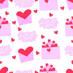 Vector seamless pattern with pink envelopes and hearts. Valentine's Day pattern.