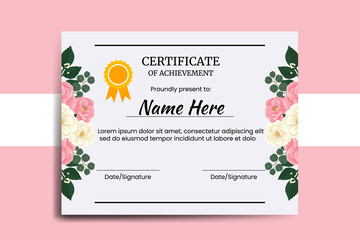 Certificate Template Pink Mini Rose Flower watercolor Digital hand drawn