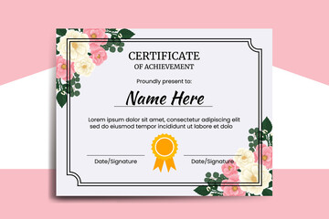 Certificate Template Pink Mini Rose Flower watercolor Digital hand drawn