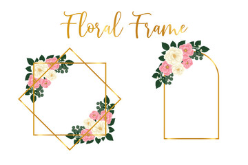 Floral Frame Pink Mini Rose flower Design Template, Digital watercolor hand drawn