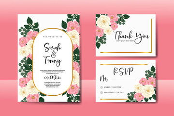 Wedding invitation frame set, floral watercolor Digital hand drawn Pink Mini Rose flower design Invitation Card Template