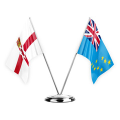Two table flags isolated on white background 3d illustration, northern ireland and tuvalu