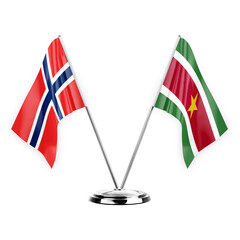 Two table flags isolated on white background 3d illustration, norway and suriname