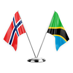 Two table flags isolated on white background 3d illustration, norway and tanzania