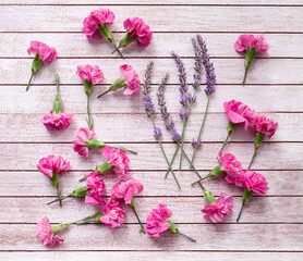 Obraz na płótnie Canvas carnations and lavender on whitewash wood background
