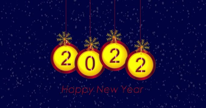 animated happy new year greeting from balls on the background of snowfall