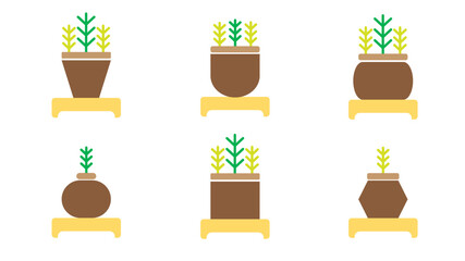 icon set of plants in pots with many shapes. flat style vector illustration