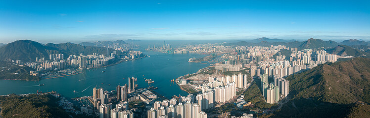 Fototapeta na wymiar Aerial panorama view of Hong Kong City 