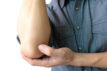 Men use their hands to hold their elbows and He had pain at the elbows.. Painful Health and medical concepts