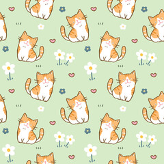 Seamless Pattern with Cartoon Cat, Flower and Heart Design on Light Green Background