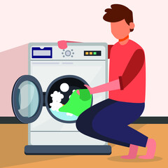 Male is washing dirty clothes using a washing machine to make it more practical and faster. Vector colorful illustration. Washing.