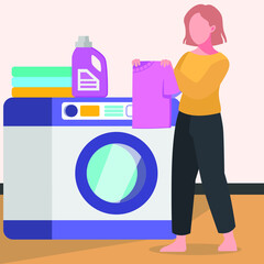 Female uses detergent to clean the dirt that sticks to the clothes before washing. Vector colorful illustration. Washing.