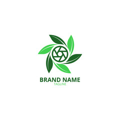 Leaf logo design template combined with camera aperture, suitable for photography and videography businesses