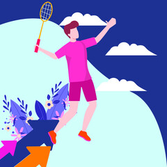 Male is doing a smash while playing badminton. Vector colorful illustration. Sport.