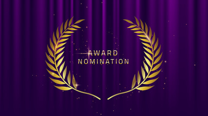 Purple award glitter background with golden laurel wreath. Award Nomination winner banner. Realistic silk abstract fabric texture.Purple curtain with gol''den leaves. - obrazy, fototapety, plakaty