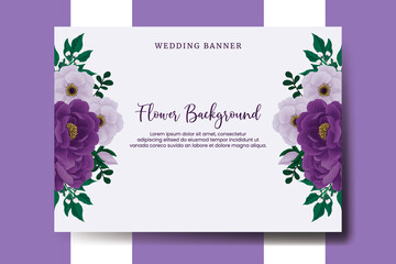 Wedding banner flower background, Digital watercolor hand drawn Purple Peony Flower design Template