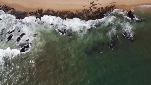 Aerial Top View of Red River Beach and Coastline in Salvador of Carnival, state of Bahia Brazil. Drone from sea with waves and rocks revealing Street and Urban Environment.