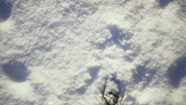 Point of view man walking on snow. First-person perspective.