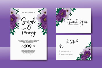 Wedding invitation frame set, floral watercolor Digital hand drawn Purple Peony flower design Invitation Card Template
