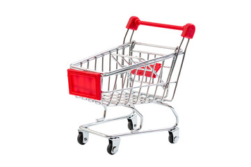 Supermarket grocery shopping, checkout purchase and carrying groceries concept with push shopping cart and no people isolated on white background with clipping path cutout