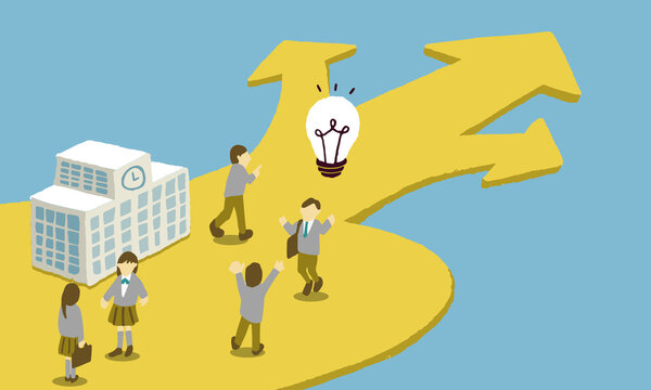 学校を卒業後、それぞれの進路へ進もうとする同級生たちのイラスト