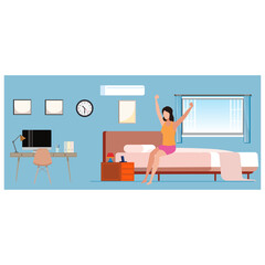 A young woman wakes up in the early morning. The concept of daily life. Flat cartoon vector illustration.