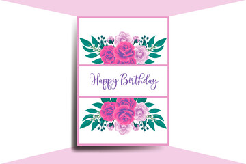 Greeting card birthday card Digital watercolor hand drawn Rose with Camellia Flower Design Template