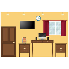 A well decorated home with computer, speakers, side table, window, led tv, lighting. Vector illustration.